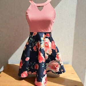 Rare Editions Girls Pink & Navy Floral Halter Dress Size 12